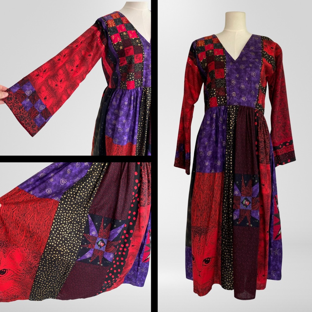 Handmade Womens Celestial Whimsigoth Midi Dress Size M Cats Beaded‎ Unique Patch